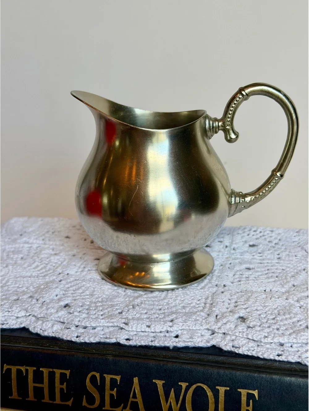 Vintage BICCO Genuine Pewter Creamer Pitcher Silver Tone Ornate Handle